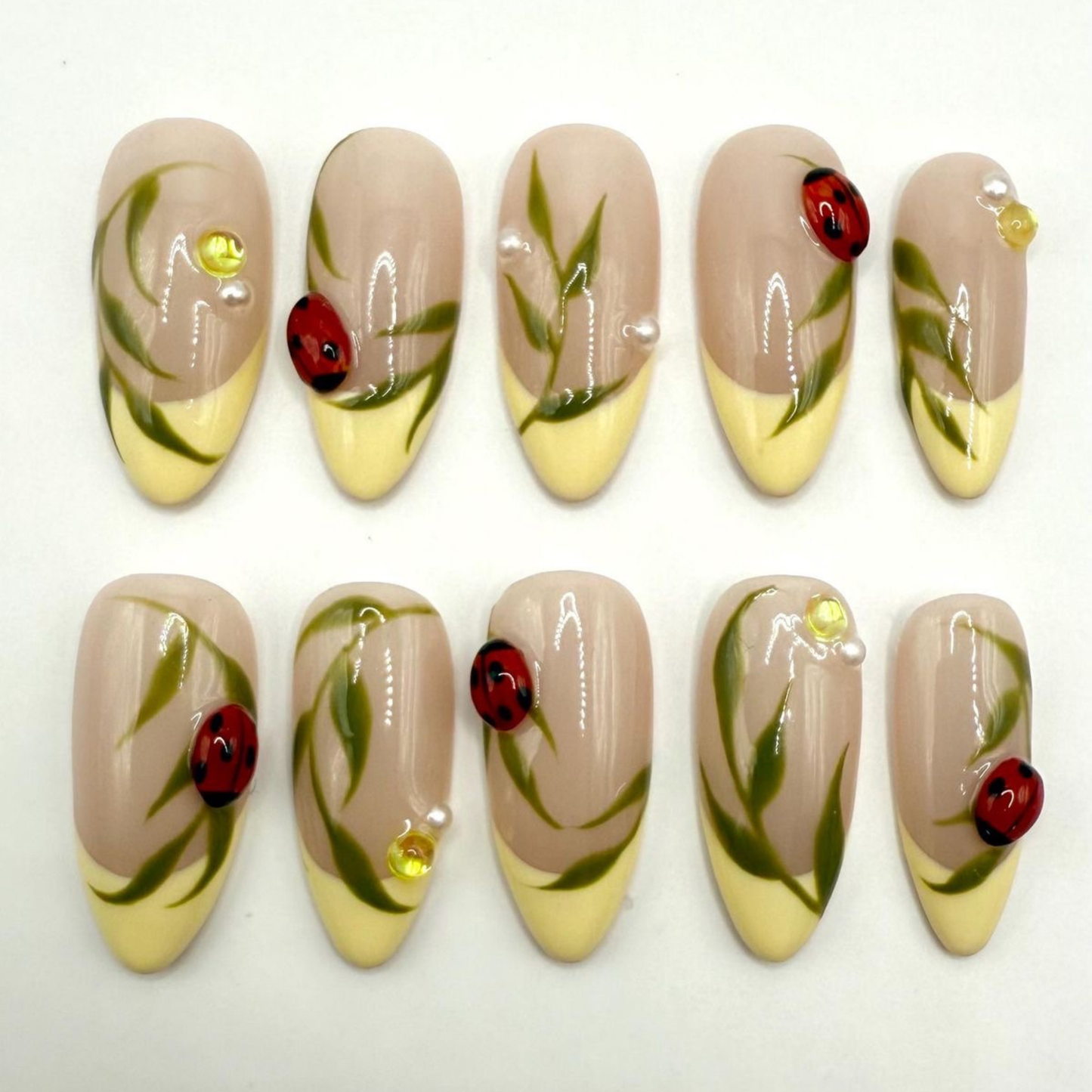 3D Hand-Painted Ladybug Press On Nails | Yellow French Tip Custom Nails | Spring Nature Nail Art