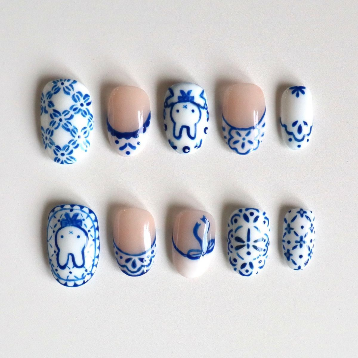 Blue Bunny Short Oval Press On Nails |  Kawaii Reusable  Hand-Painted Cute Nail Art