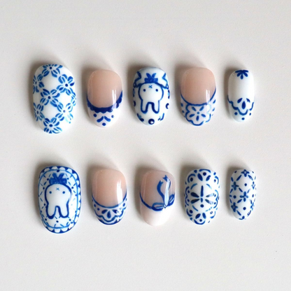 Blue Bunny Short Oval Press On Nails |  Kawaii Reusable  Hand-Painted Cute Nail Art