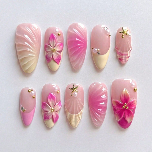 Pink 3D Flower Press On Nails | Seashell Texture, Pearl & Gold Accents | Handmade Summer Beach Nails
