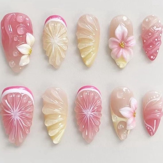 Cute Pink Ombre Press On Nails | 3D Floral Details, Citrus Shell Texture, Glossy Summer Beach Nails