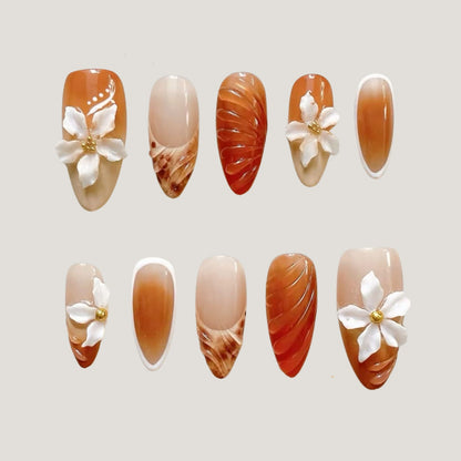 Brown Fall Press On Nails | Caramel Swirl Design, 3D Flower Accents, Neutral Autumn Nail Art