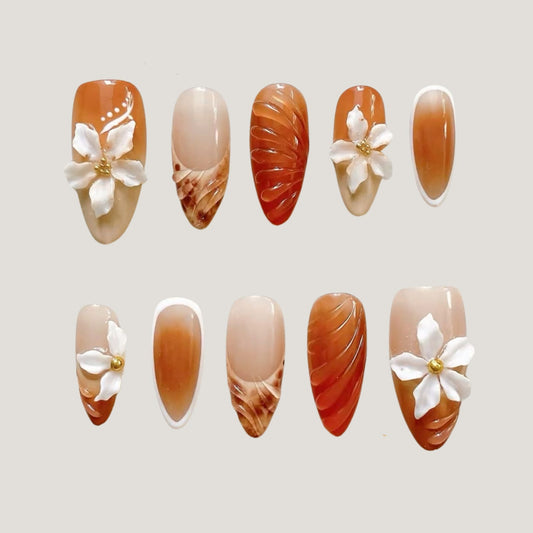 Brown Fall Press On Nails | Caramel Swirl Design, 3D Flower Accents, Neutral Autumn Nail Art
