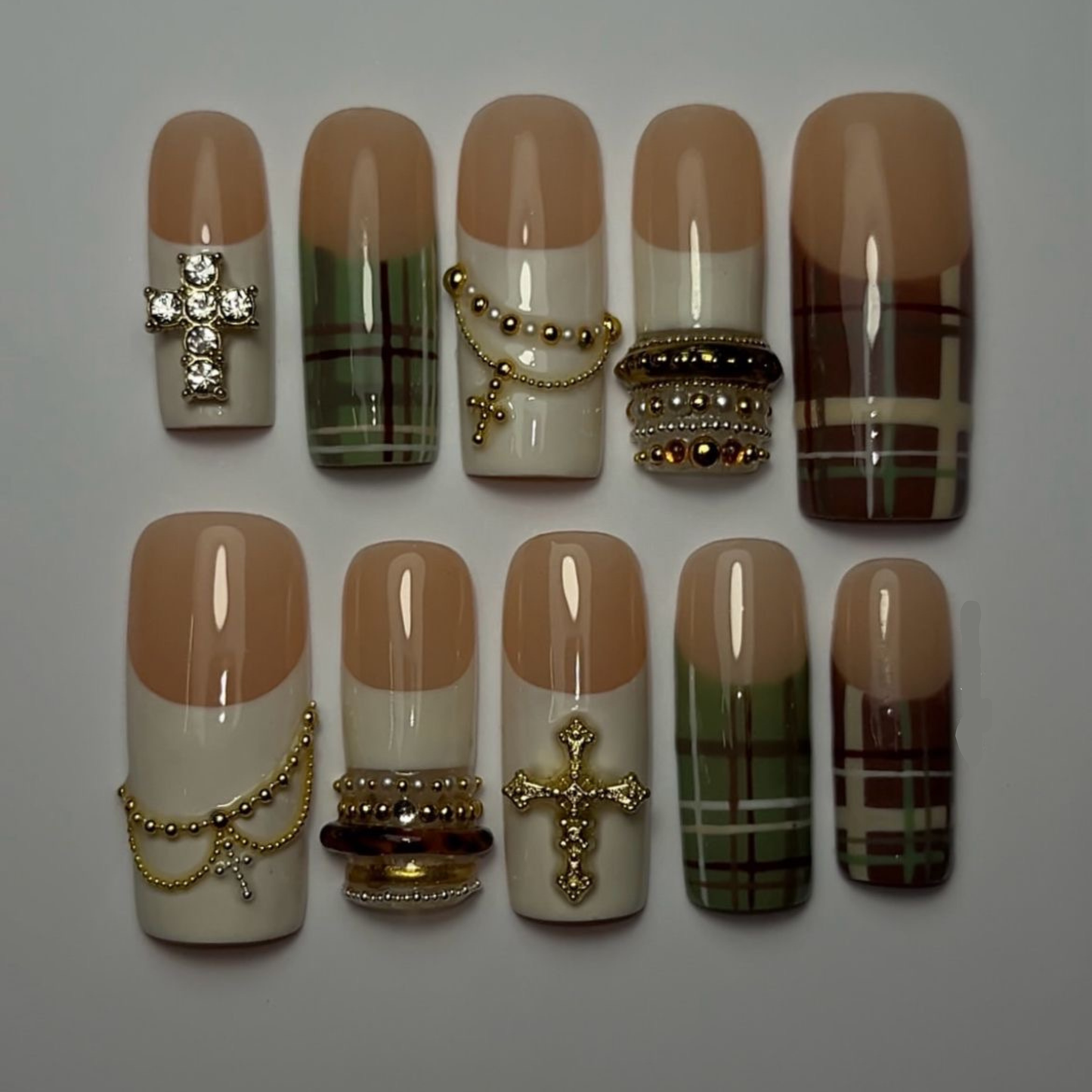 Green Brown Plaid Coffin Press On Nails| Nude French Tips Nails | Gold Cross & Chain Charms