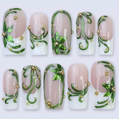 Green 3D Leaf Coffin Press On Nails | Botanical French Tips with Gold Beads