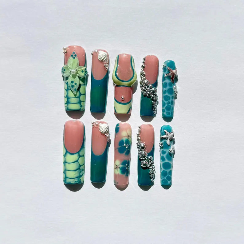 Summer Beach Press-On Nails| Ocean Blue Green Mermaid Set with 3D Shells, Starfish & Flowers |Bikini Nail Art