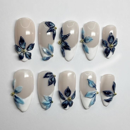 Long Coffin Blue & Navy 3D Floral Press On Nails | Nude White French Tips Nails| Handmade Flower Fake Nails
