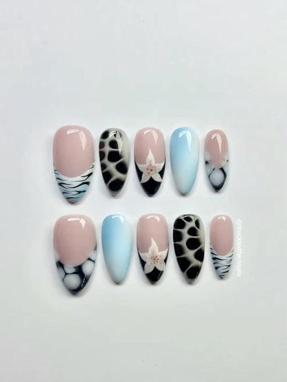 Beach Starfish almond Press On Nails | Ocean Ombre & Animal Print Designs | Nude Pink Handmade Nail Set