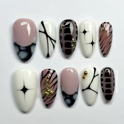 Abstract Pattern Press On Nails | Nude & White Nails with Gold Accents