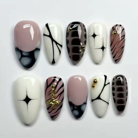 Abstract Pattern Press On Nails | Nude & White Nails with Gold Accents