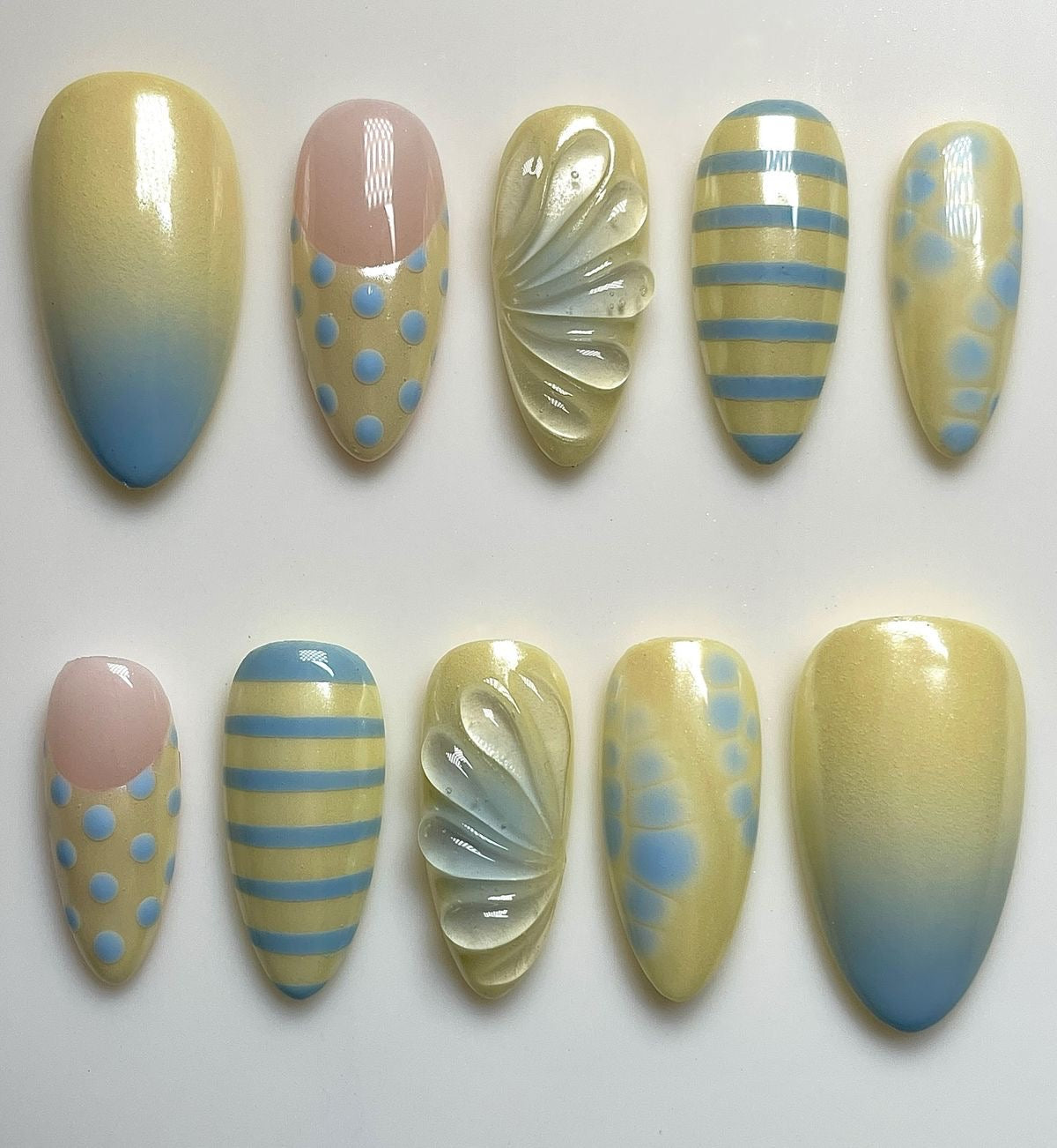 Yellow Blue Press On Nails | Pastel Ombre, Polka Dots, Stripes & 3D Shell Design