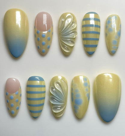 Yellow Blue Press On Nails | Pastel Ombre, Polka Dots, Stripes & 3D Shell Design