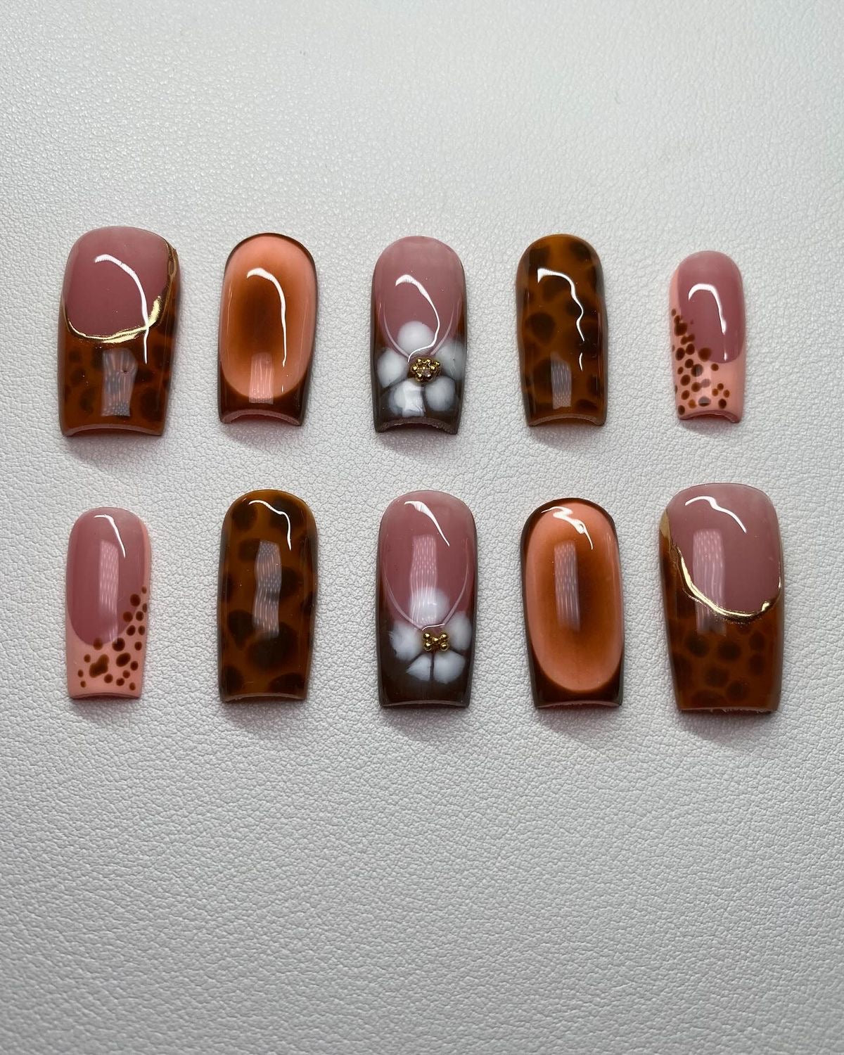 Brown Tortoise Shell Press On Nails With Nude Tones| 3D White flower Accents, Gold details Fake Nails
