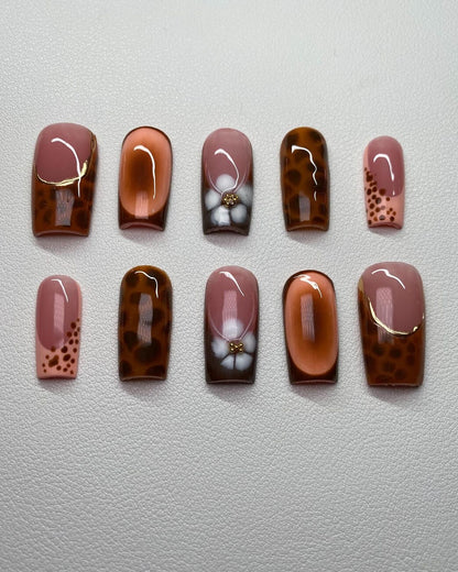 Brown Tortoise Shell Press On Nails With Nude Tones| 3D White flower Accents, Gold details Fake Nails
