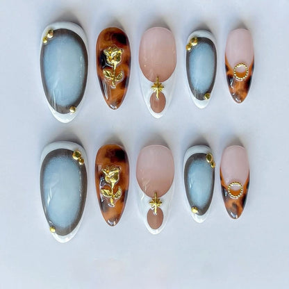 Blue Chrome Ombre Press On Nails With Tortoise Shell, Nude pink, and Gold charms