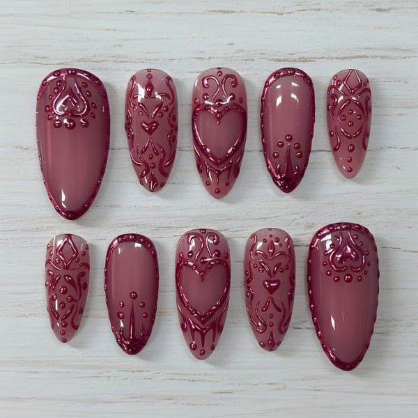 Romantic 3D Heart Nails | Burgundy Embossed Press On Nails | Valentine’s Day Luxury Nail Set