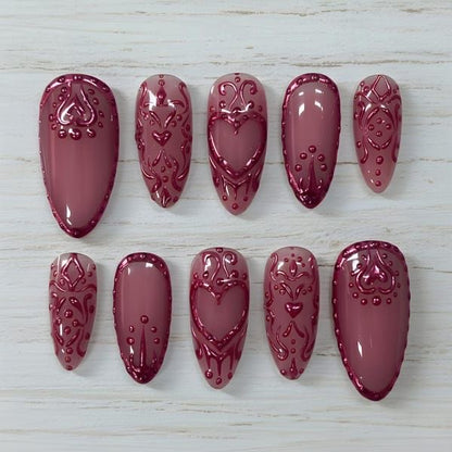 Romantic 3D Heart Nails | Burgundy Embossed Press On Nails | Valentine’s Day Luxury Nail Set