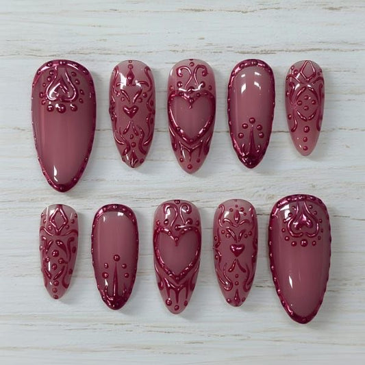 Romantic 3D Heart Nails | Burgundy Embossed Press On Nails | Valentine’s Day Luxury Nail Set
