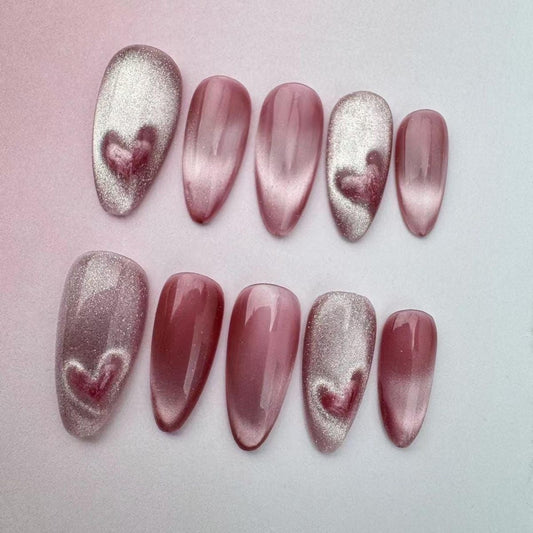 Romantic Pink Cat Eye Magnetic Press On Nails with Heart Design | Sparkly Valentine Nails