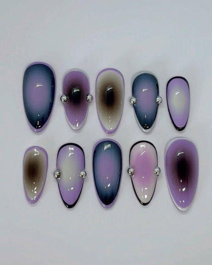 Purple Ombre Oval Press On Nails with 3D Silver Studs | Gradient Jelly Nails | Cute Aesthetic Nail Set for Daily Wear