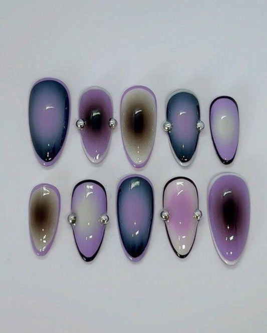 Purple Ombre Oval Press On Nails with 3D Silver Studs | Gradient Jelly Nails | Cute Aesthetic Nail Set for Daily Wear