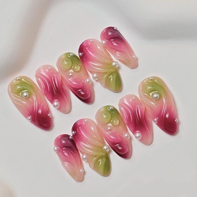 Pink Green Jelly 3D Drops & Pearls Press On Nails | Floral Swirl Nails | Cute Korean Aesthetic Nail Set