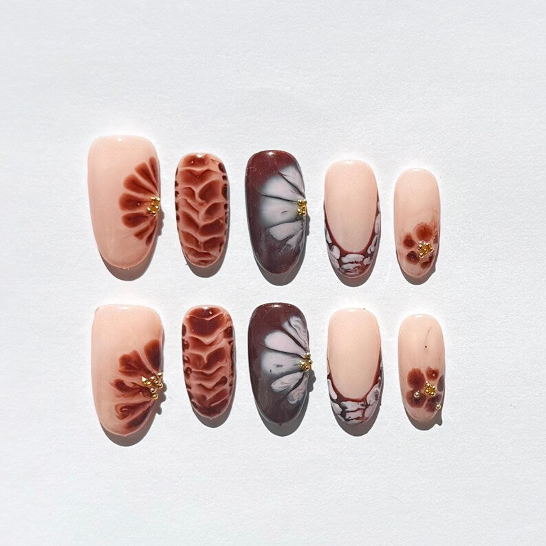 Soft Nude Brown Press On Nails |Marble White Blooming Floral with Gold Pearl Accents