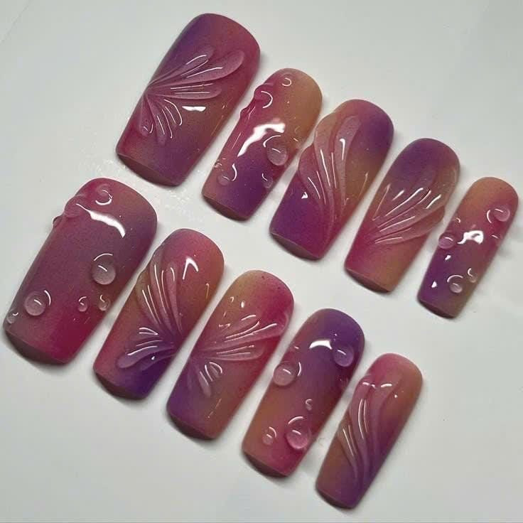 Long Coffin Purple Pink Ombre Press On Nails with 3D Dew Drops & Floral Design