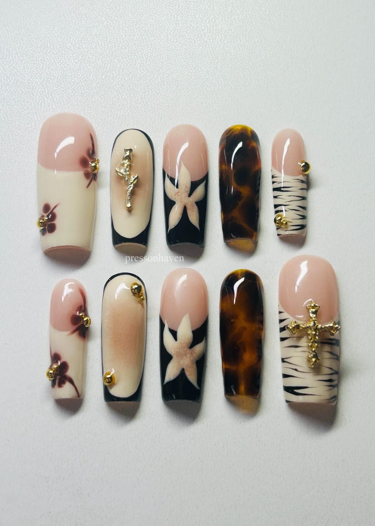 Classy Nude and Black Press On Nails | Floral, Animal Print & Gold Charm Nail Set