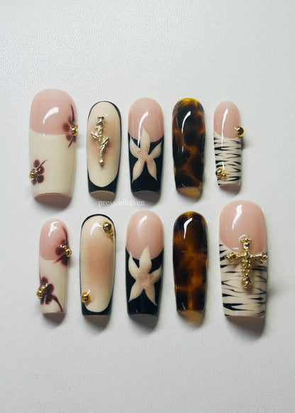 Classy Nude and Black Press On Nails | Floral, Animal Print & Gold Charm Nail Set