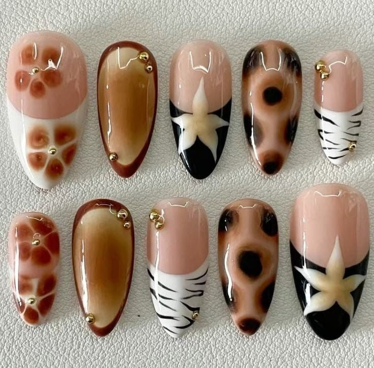 Brown Nude Press On Nails with Floral Art, Zebra Stripes, Abstract Designs and Gold Stud Accents