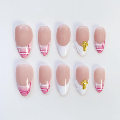 Handmade Pink Plaid Press On Nails | Nude Gel Nails with White French Tips & Gold Cross Charm
