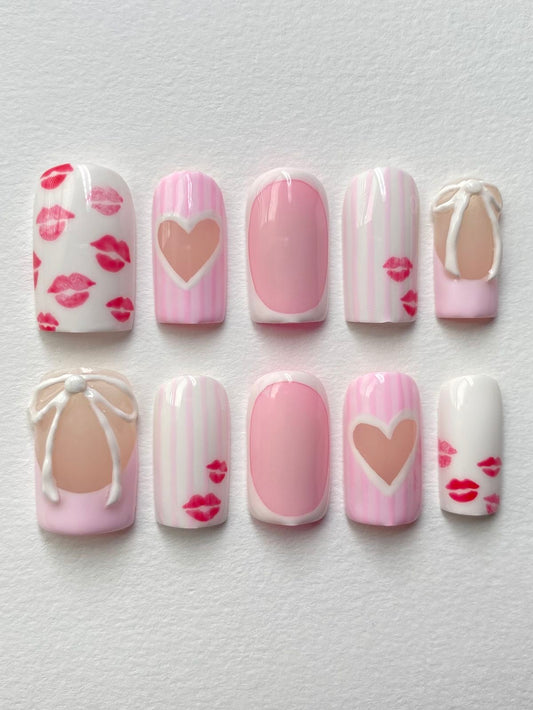 Pink Heart & Kiss Press On Nails | Bow Accent, Striped Kawaii Valentine Nails
