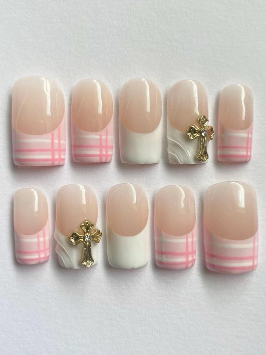 Nude Pink Plaid Press On Nails | Handmade Reusable White Accent Nails with Gold Cross Charm