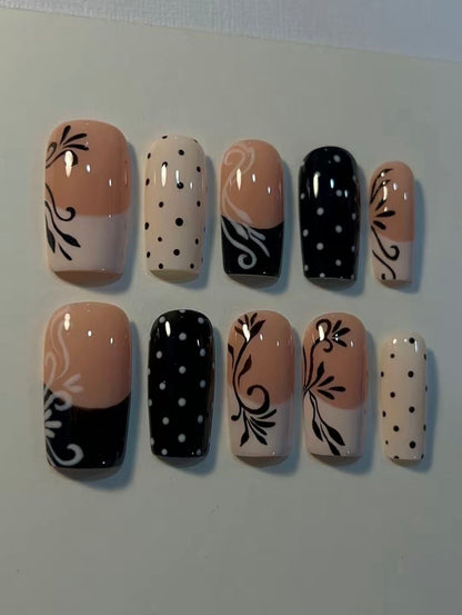 Handmade Nude Black Press On Nails | Floral Swirls & Polka Dots | Glossy Reusable Nail Set
