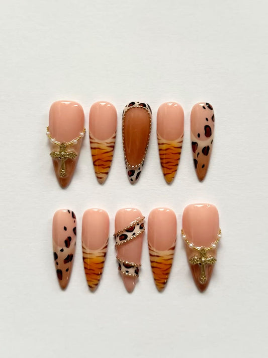 Nude Animal Print Press on Nails With Tiger Stripes, Leopard Spots and Gold Charm Accents