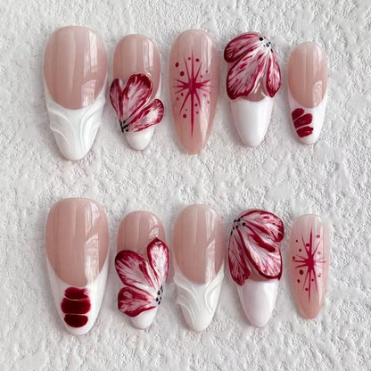 Nude and White Press on Nails With 3D Red Flower Petals and Starburst Accents | Handmade Floral Nail Set