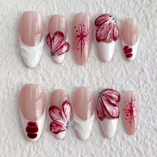Nude and White Press on Nails With 3D Red Flower Petals and Starburst Accents | Handmade Floral Nail Set