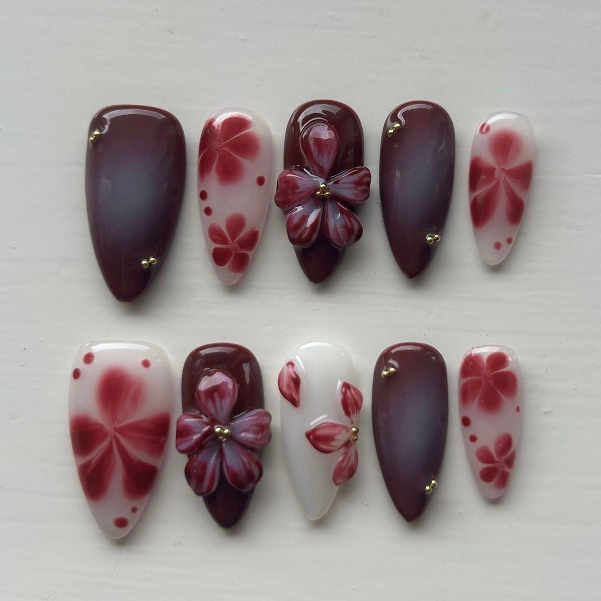 Burgundy Floral Press On Nails | 3D Flower Gel Nails | Hand Painted Wine Red Ombre Nails