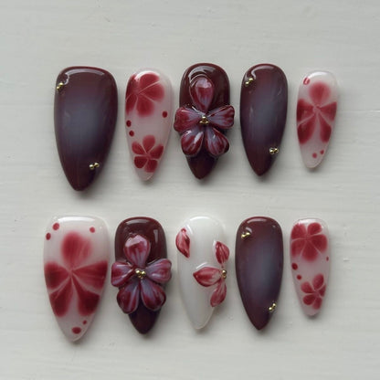 Burgundy Floral Press On Nails | 3D Flower Gel Nails | Hand Painted Wine Red Ombre Nails