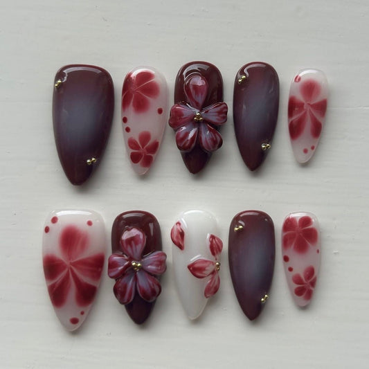 Burgundy Floral Press On Nails | 3D Flower Gel Nails | Hand Painted Wine Red Ombre Nails