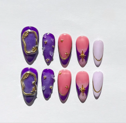 Celestial Press On Nails | Purple & Pink Galaxy Nail Set with Gold Foil & Star Charms