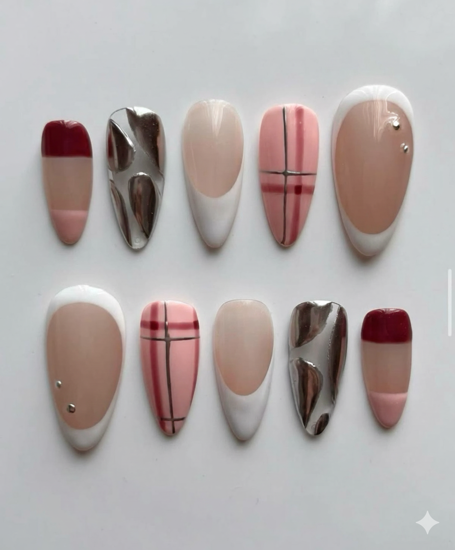 Neutral French Tip Press On Nails | Blush Pink Plaid & Chrome Accent Nails