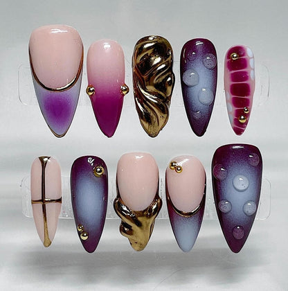 Purple Ombre Press On Nails |3D Gold Chrome Abstract Nails | Blush Nude Gradient Almond Nails