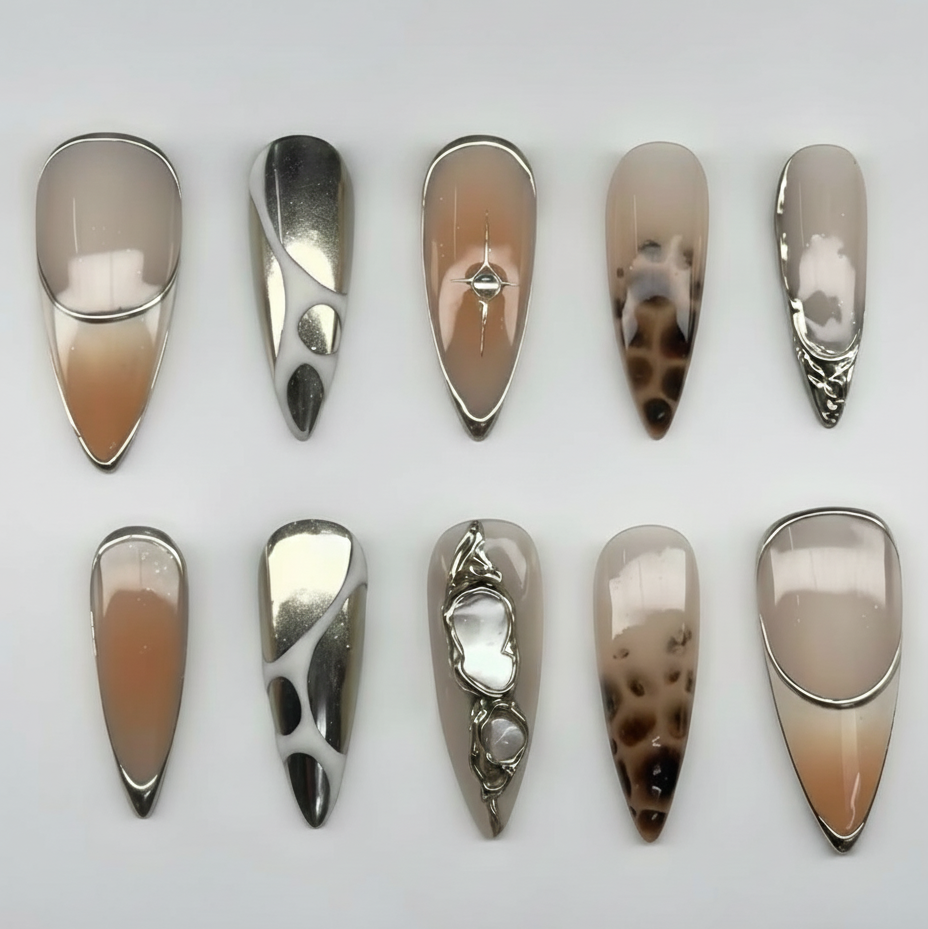 Neutral Chrome Press On Nails | Abstract Metallic Almond Nails | Nude Brown Tortoiseshell Gel False Nails