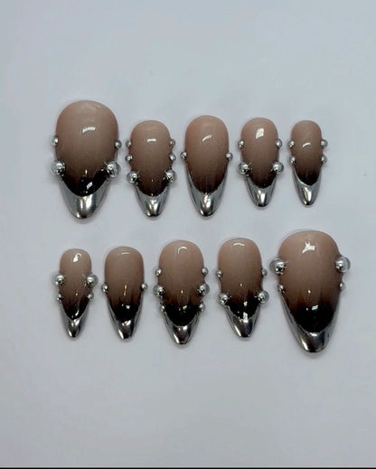 Luxury Ombre Press On Nails | Nude Brown Chrome Almond False Nails | Silver Studded Minimalist Gel Nail Set