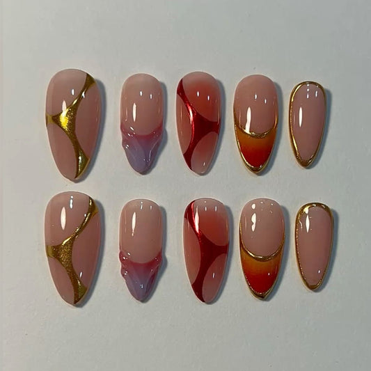 Modern French Tip Press On Nails | Nude Almond Nails with Red And Gold Metallic Lines