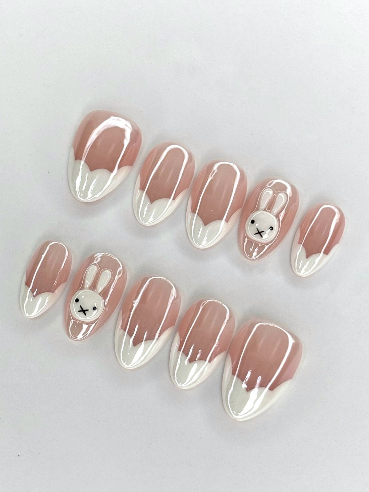 Cute Bunny French Tip Oval Press On Nails | Nude Pink White Glossy  Kawaii Nail Set