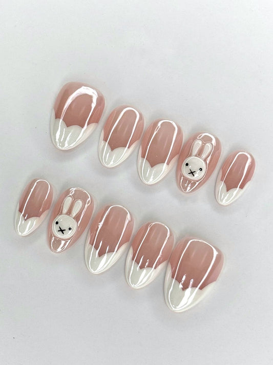 Cute Bunny French Tip Oval Press On Nails | Nude Pink White Glossy  Kawaii Nail Set