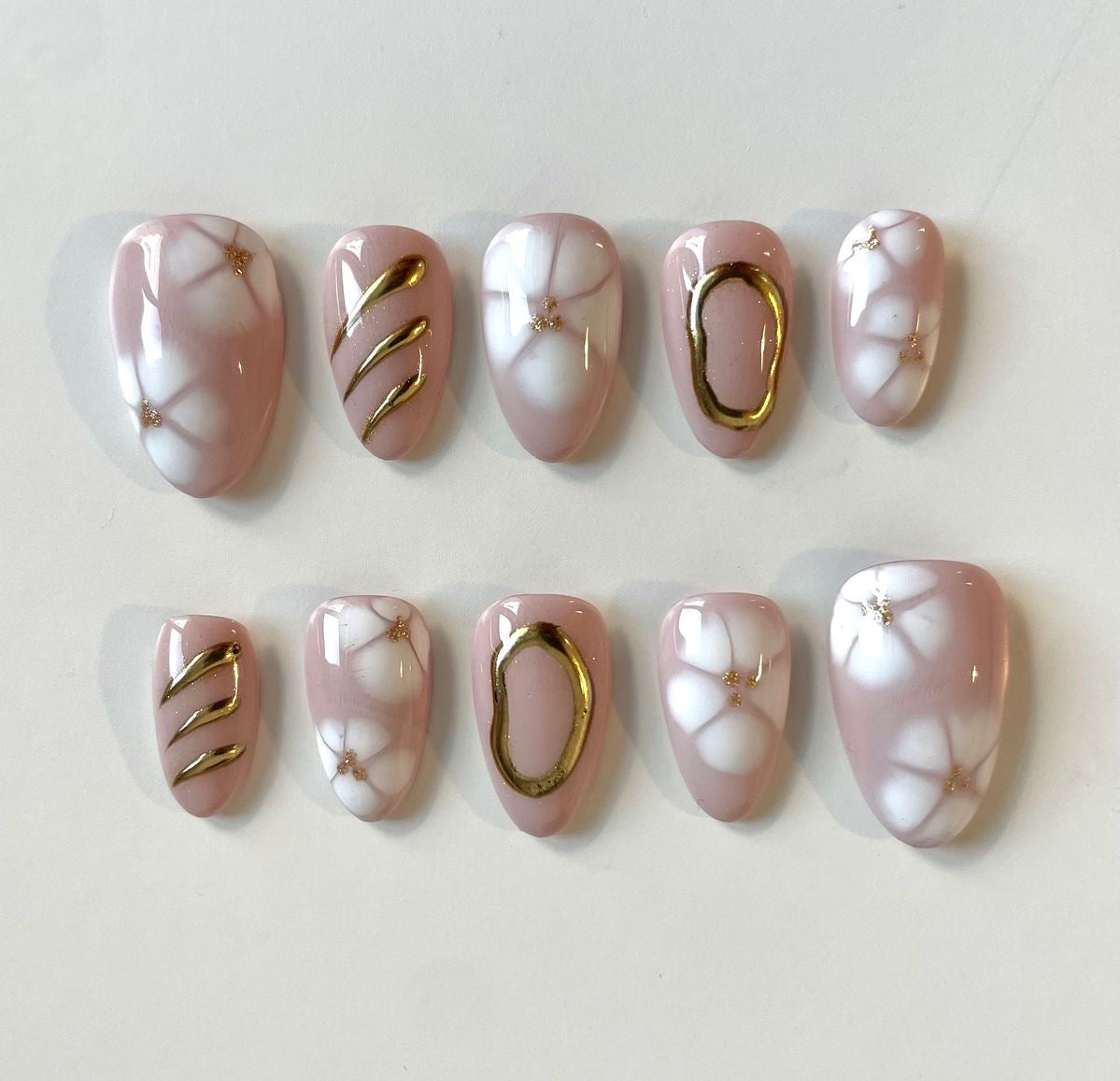 Blush Pink Floral Press On Nails with Gold Chrome Accents | Nude Elegant  Handmade Nail Set